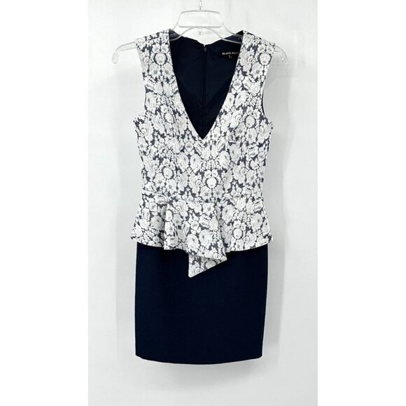 BLACK HALO dress shift sheat mini peplum floral brocade career business blue 2 - Picture 3 of 8